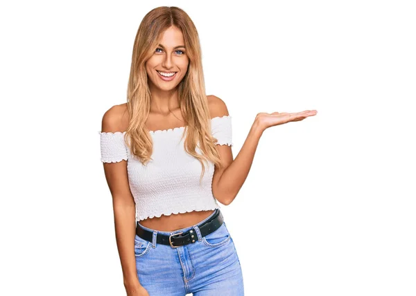 Beautiful Blonde Young Woman Wearing Casual White Tshirt Smiling Cheerful — Stock Photo, Image
