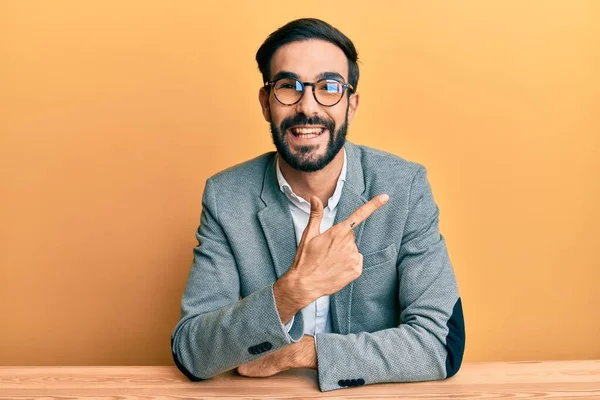 Young Hispanic Man Working Office Cheerful Smile Face Pointing Hand — Stock Photo, Image
