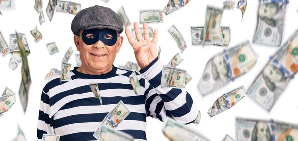 Senior Handsome Man Wearing Burglar Mask Shirt Showing Pointing Fingers — Stock Photo, Image