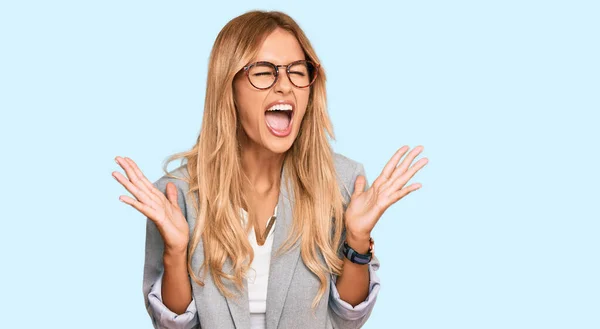 Beautiful Blonde Young Woman Wearing Business Clothes Celebrating Mad Crazy — Stock Photo, Image