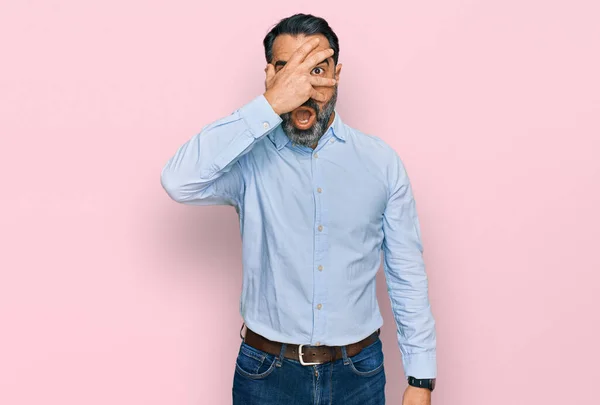 Middle Aged Man Beard Wearing Business Shirt Peeking Shock Covering — Stock Photo, Image