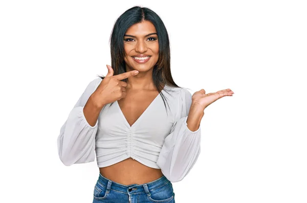 Young Latin Transsexual Transgender Woman Wearing Casual Clothes Amazed Smiling — Stock Photo, Image
