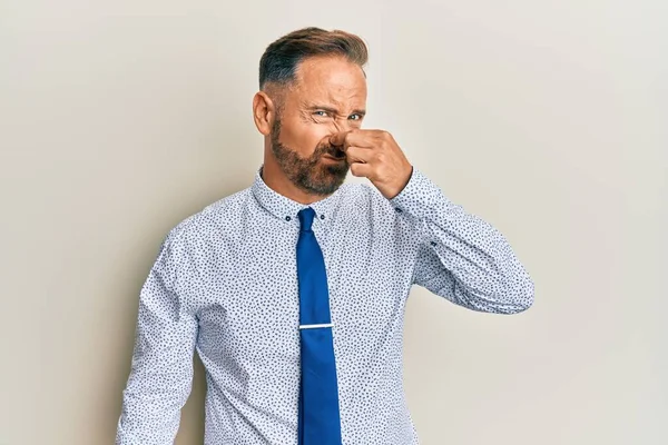 Handsome Middle Age Man Wearing Business Shirt Tie Smelling Something — Stock Photo, Image