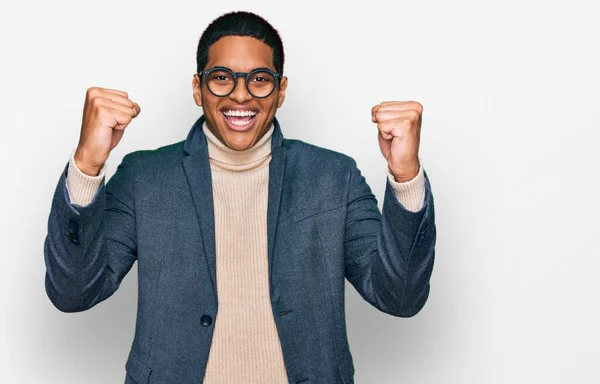 Young Handsome Hispanic Man Wearing Business Jacket Glasses Screaming Proud — Stock Photo, Image