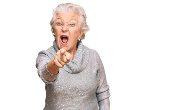 Senior Grey Haired Woman Wearing Casual Winter Sweater Pointing Displeased — Stock Photo, Image