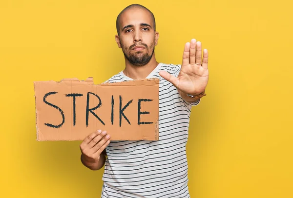 Hispanic Adult Man Holding Strike Banner Cardboard Open Hand Doing — Stock Photo, Image