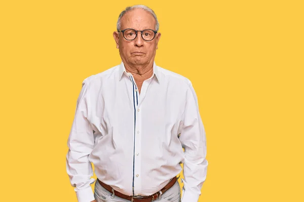 Senior Caucasian Man Wearing Business Shirt Glasses Depressed Worry Distress — Stock Fotó