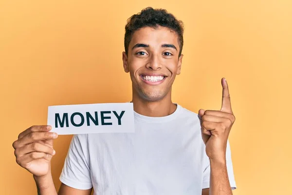 Young Handsome African American Man Holding Money Message Paper Smiling — Stock Fotó