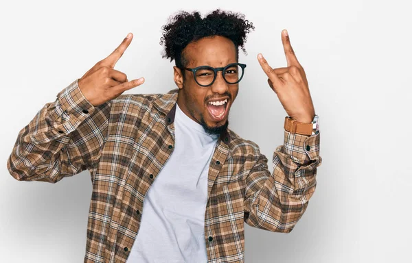 Young African American Man Beard Wearing Casual Clothes Glasses Shouting — Stock Photo, Image