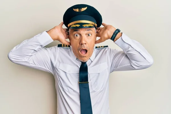 Handsome Middle Age Mature Man Wearing Airplane Pilot Uniform Crazy — Stock Photo, Image