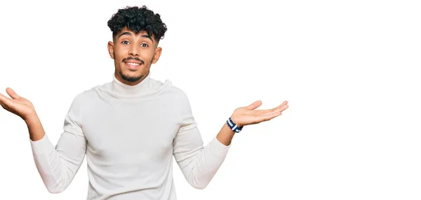 Young Arab Man Wearing Casual Winter Sweater Smiling Showing Both — Stock Photo, Image