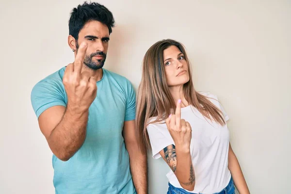 Beautiful Young Couple Boyfriend Girlfriend Together Showing Middle Finger Impolite — Stockfoto