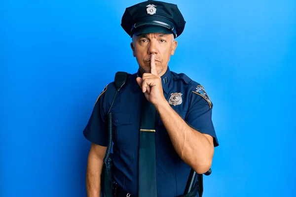 Handsome Middle Age Mature Man Wearing Police Uniform Asking Quiet — Stock Photo, Image