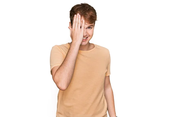 Young Caucasian Man Wearing Casual Clothes Covering One Eye Hand — Stock Photo, Image