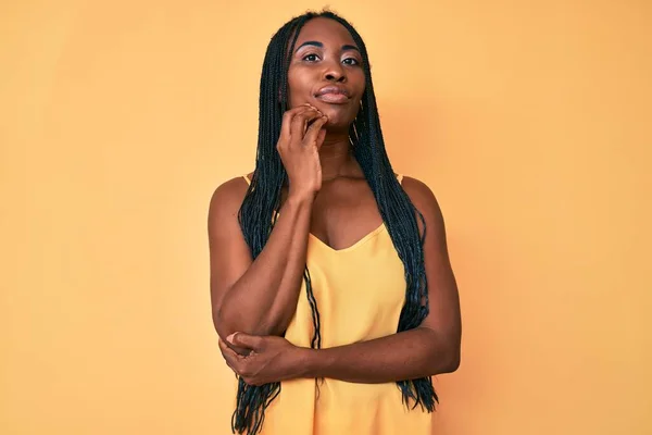 African American Woman Braids Wearing Casual Clothes Hand Chin Thinking — Stock Photo, Image