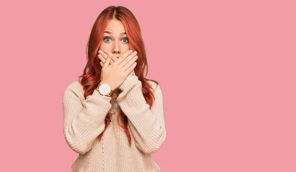 Young Redhead Woman Wearing Casual Winter Sweater Shocked Covering Mouth — Stock Photo, Image