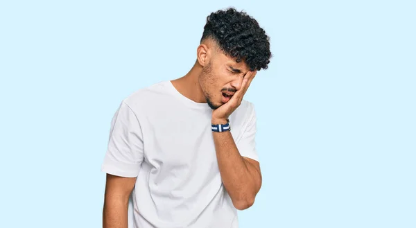 Young Arab Man Wearing Casual White Shirt Yawning Tired Covering — Stock Photo, Image