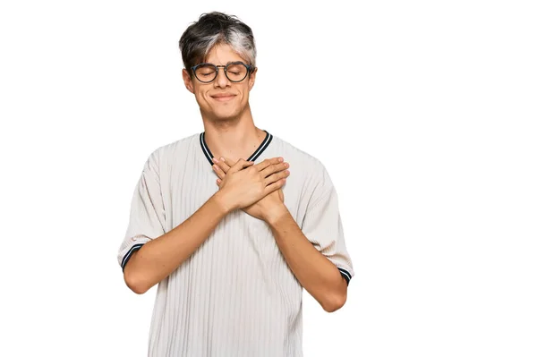 Young Hispanic Man Wearing Casual Clothes Glasses Smiling Hands Chest — Stock Photo, Image