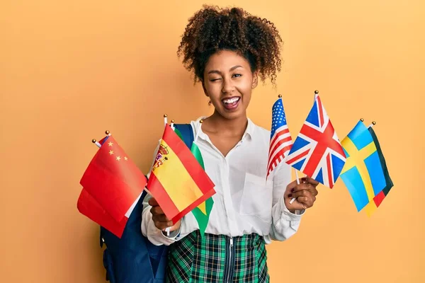 Bella Donna Africana Americana Con Afro Scambio Capelli Studente Tenendo — Foto Stock