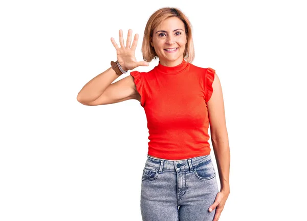 Young Blonde Woman Wearing Casual Clothes Showing Pointing Fingers Number — Stock Photo, Image