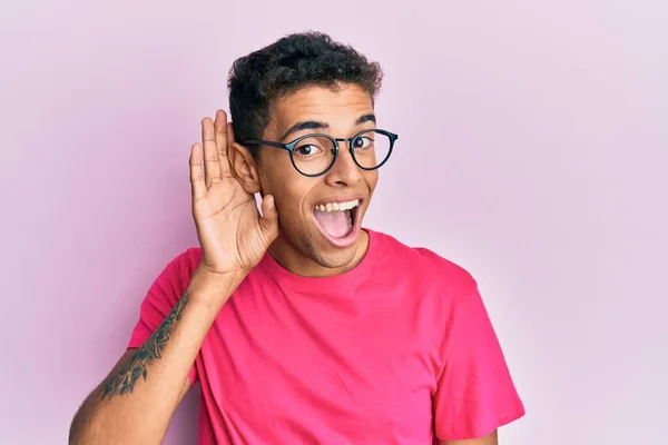 Young Handsome African American Man Wearing Glasses Pink Background Smiling — Stock Photo, Image