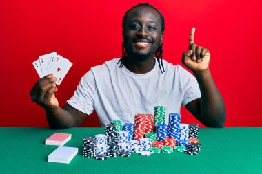 Poker oynayan yakışıklı genç bir adam bir fikre ya da soru işaretine şaşırdı ve mutlu bir yüzle işaret etti. 