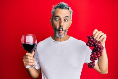 Orta yaşlı, kır saçlı, elinde taze üzüm dalı ve kırmızı şarapla balık suratlı, şaşı gözlü, çılgın ve komik gözlü bir adam.. 