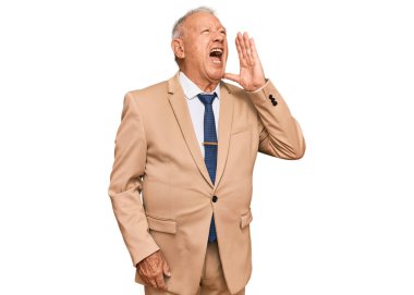 İş elbisesi ve kravat takmış kıdemli beyaz adam el ele tutuşarak bağırıyor ve çığlık atıyordu. iletişim konsepti. 