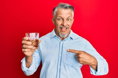 Orta yaşlı, kır saçlı, bir bardak viski içen, gülümseyen, mutlu, eli ve parmağı olan bir adam. 