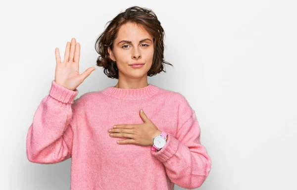 Young Hispanic Woman Wearing Casual Clothes Swearing Hand Chest Open — Stock Photo, Image