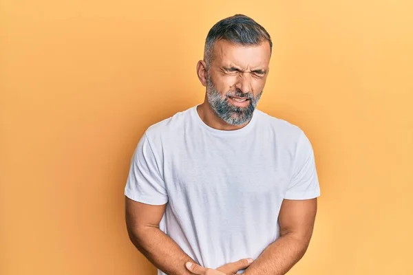 Middle Age Handsome Man Wearing Casual White Tshirt Hand Stomach — Stock Photo, Image