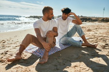 Genç eşcinsel çift kumsalda mutlu mesut oturuyor..