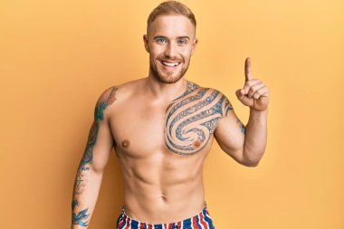 Mayo giyen genç beyaz adam başarılı bir fikirle işaret ediyor. Heyecanlı ve mutlu. Bir numara.. 