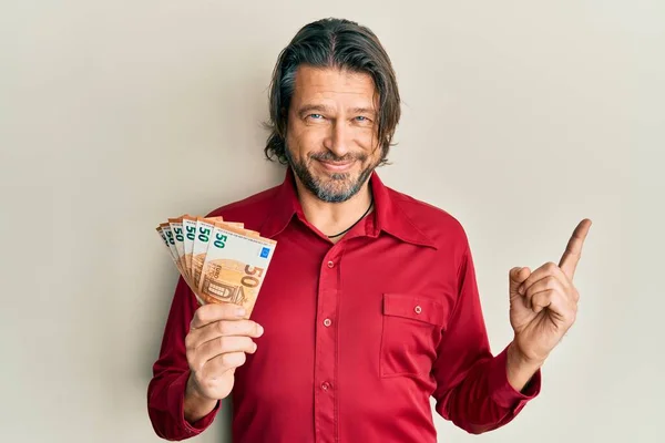 Middle Age Handsome Man Holding Bunch Euro Banknotes Smiling Happy — Stock Photo, Image