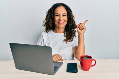 Ofiste çalışan orta yaşlı güzel bir kadın bilgisayarını kullanıyor. Gülümsüyor, mutlu bir şekilde elini ve parmağını yana doğru gösteriyor. 