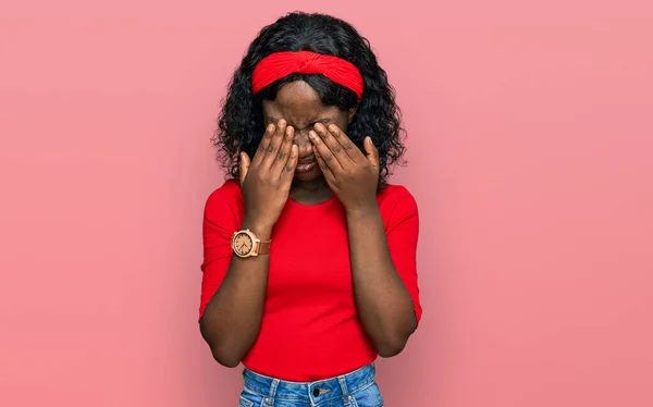 Beautiful African Young Woman Wearing Casual Clothes Rubbing Eyes Fatigue — Fotografia de Stock