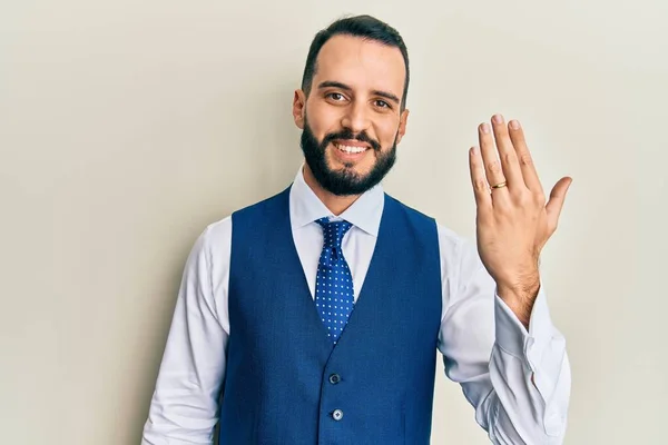 Young Man Beard Wearing Engagement Ring Looking Positive Happy Standing — Fotografia de Stock