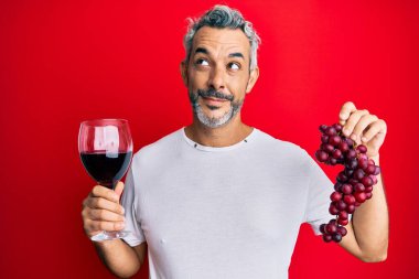Orta yaşlı, gri saçlı, elinde taze üzümler ve kırmızı şaraptan bir dal tutan adam gülümseyip yan tarafa bakıyor ve düşünüyor.. 