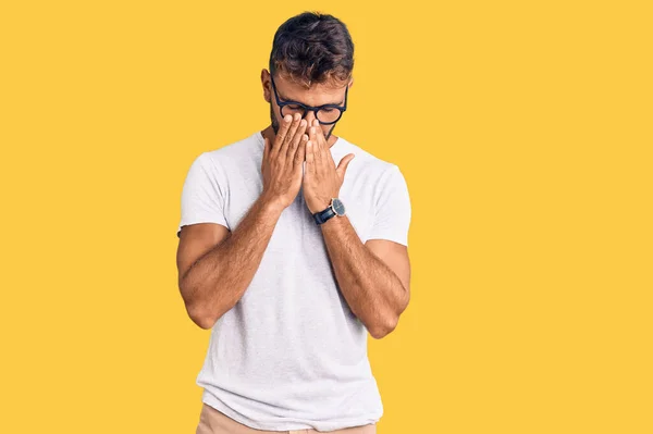 Young Hispanic Man Wearing Casual Clothes Glasses Rubbing Eyes Fatigue — Stock Photo, Image