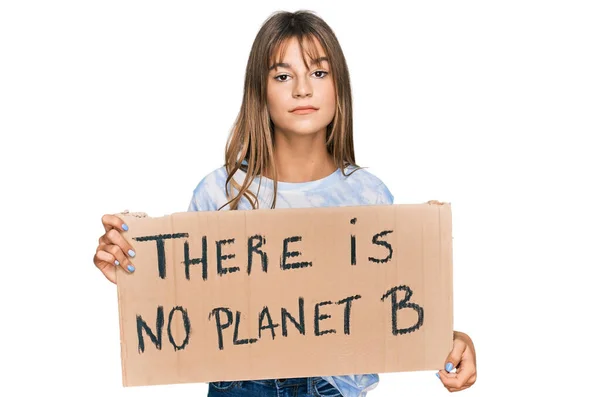 Teenager Kaukasischen Mädchen Hält Gibt Keinen Planeten Banner Denken Haltung — Stockfoto