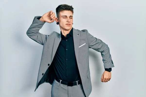 Young Caucasian Boy Ears Dilation Wearing Business Jacket Stretching Back — Stock Photo, Image