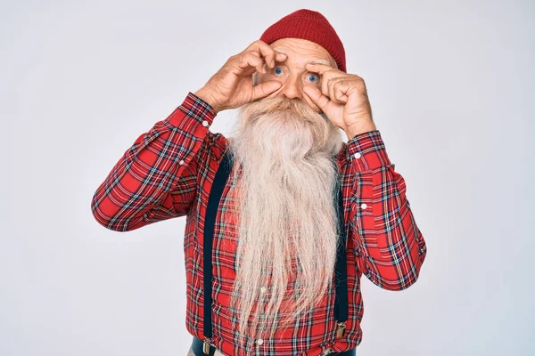 Old Senior Man Grey Hair Long Beard Wearing Hipster Look — Stock Photo, Image
