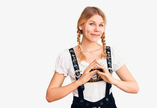Junge Schöne Blonde Frau Oktoberfestkleid Die Hände Zusammen Und Daumen — Stockfoto