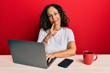 Ofiste çalışan orta yaşlı güzel bir kadın bilgisayar laptopu kullanıyor ciddi bir yüz ifadesi takınıyor eli çenesinde soru soruyor, kafa karıştırıcı bir fikir hakkında düşünceli. 