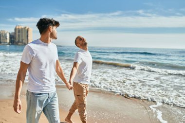 Genç eşcinsel çift mutlu bir şekilde sahilde yürüyor..