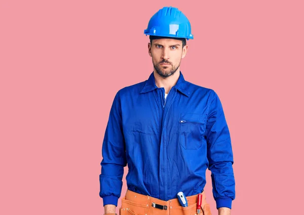 Young Handsome Man Wearing Worker Uniform Hardhat Shock Face Looking — Stock Photo, Image