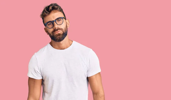 Young Hispanic Man Wearing Casual Clothes Glasses Skeptic Nervous Frowning — Stock Photo, Image