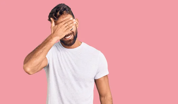 Young Hispanic Man Wearing Casual Clothes Glasses Smiling Laughing Hand — Stock Photo, Image