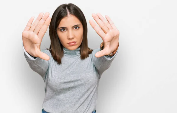 Young Beautiful Woman Wearing Casual Turtleneck Sweater Doing Frame Using — Stock Photo, Image