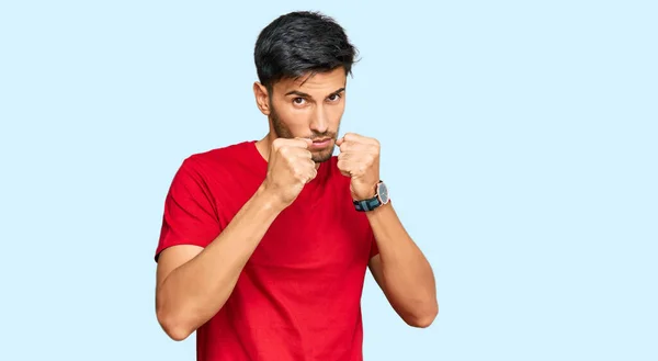 Young Handsome Man Wearing Casual Red Tshirt Ready Fight Fist — 스톡 사진